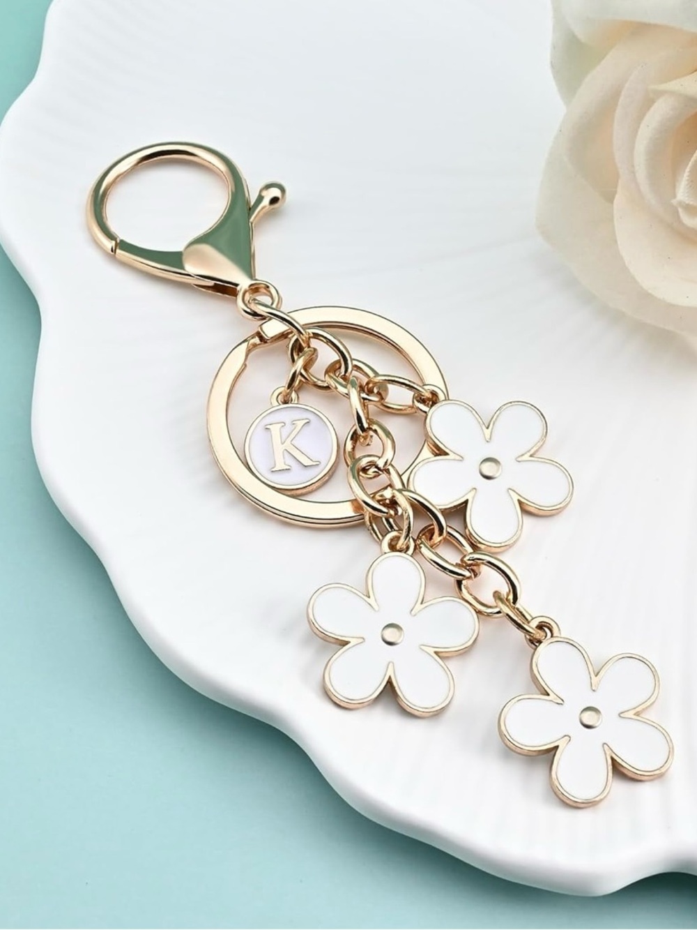 Initial Keychain Cute Flower Charms Keyring for Handbag Backpack